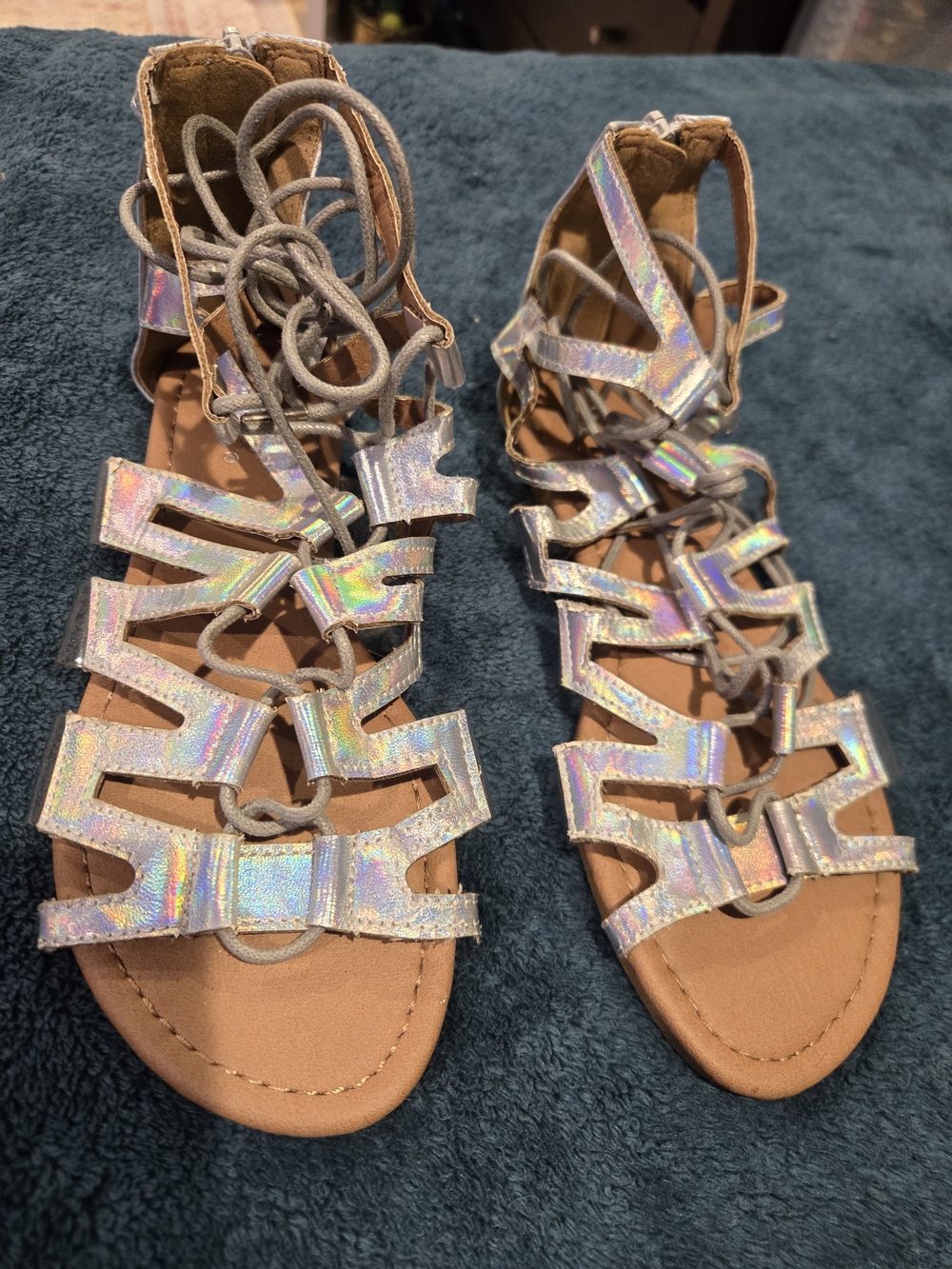 Holographic Lace-Up Gladiator Sandals